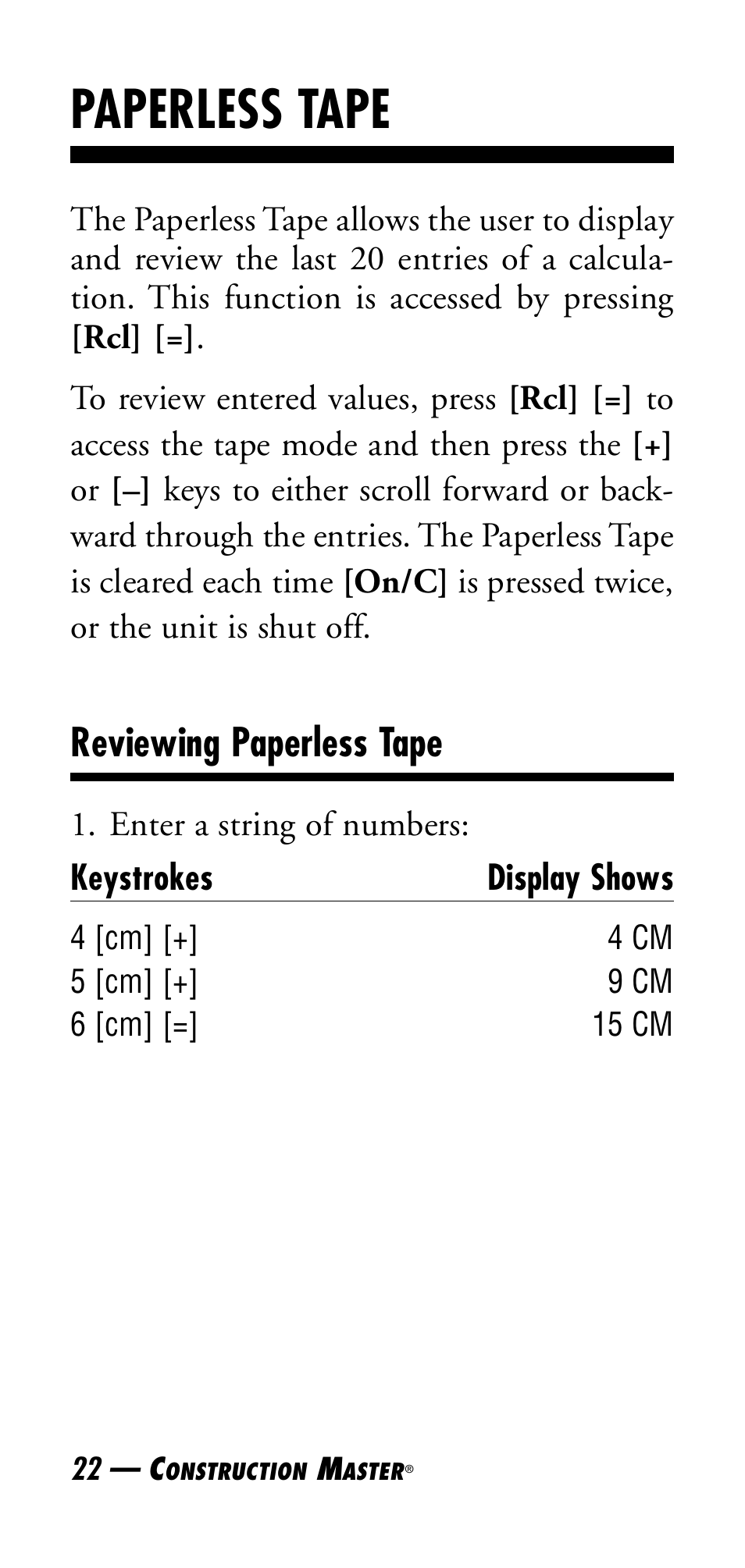 Paperless tape, Reviewing paperless tape | Calculated Industries 4045 User Manual | Page 22 / 26