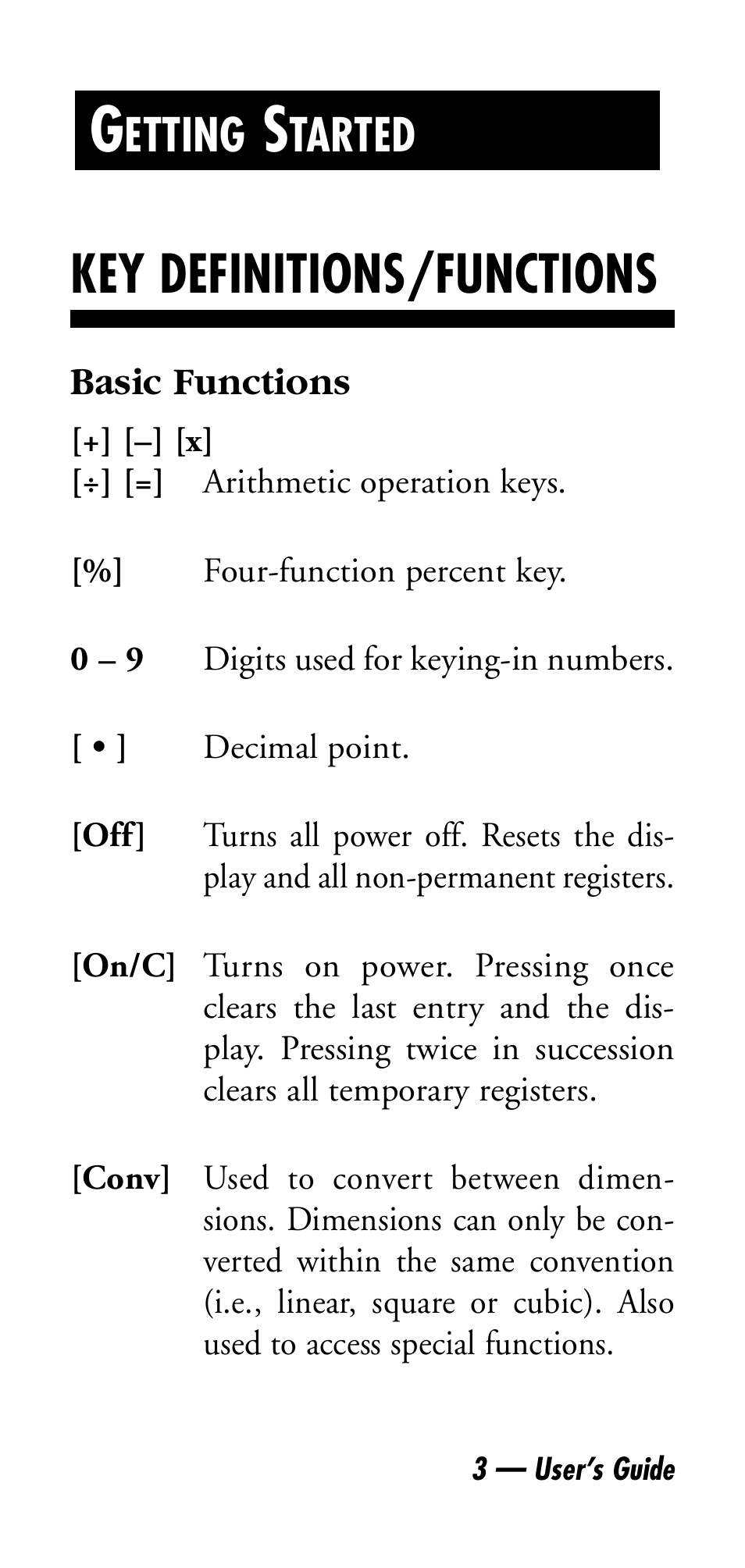 Key definitions/functions, Etting, Tarted | Calculated Industries 4045 User Manual | Page 3 / 26