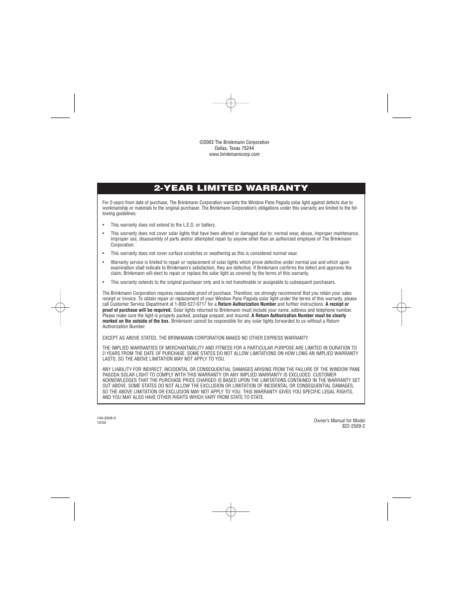 Year limited warranty | Brinkmann Window Pane Pagoda 822-2509-2 User Manual | Page 8 / 8