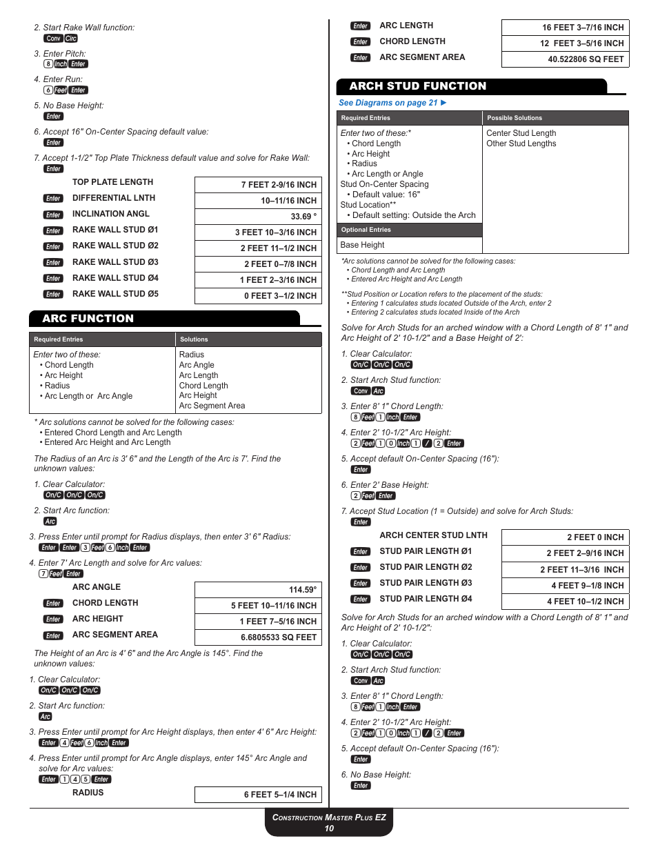 Arc function, Arch stud function, Ee3f6ie | E4f6ie, E145e, 8f1ie | Calculated Industries 4067 User Guide User Manual | Page 10 / 23