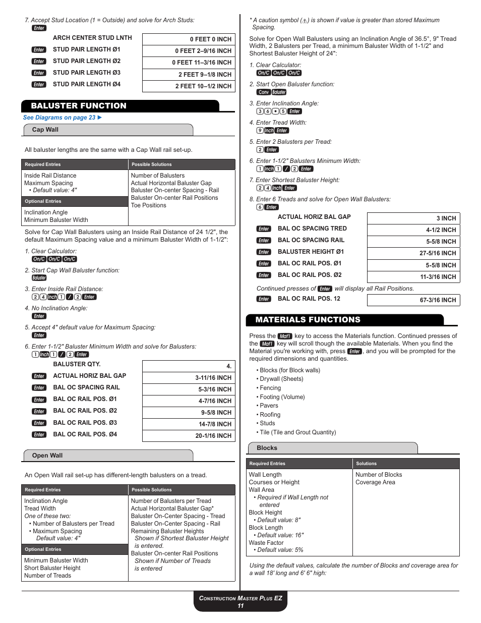 Baluster function, Materials functions, 24i1 / 2e | 1i1 / 2e, 24ie | Calculated Industries 4067 User Guide User Manual | Page 11 / 23