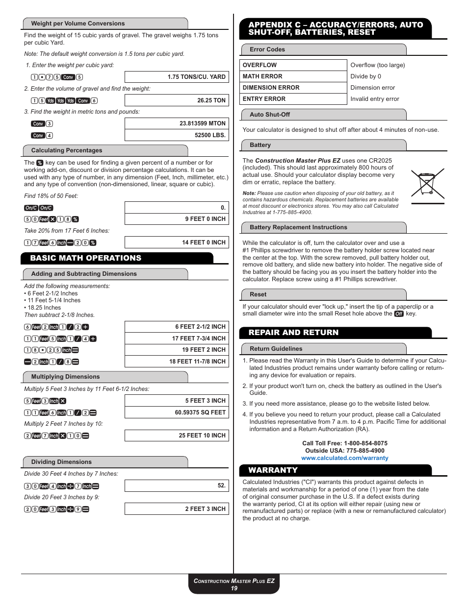 75c5, 15yyyc6, 50fx18 | 6f2i1/2, 2i1/8, 5f3ix, 2f7ix10, 30f4i÷7i, 20f3i÷9 | Calculated Industries 4067 User Guide User Manual | Page 19 / 23