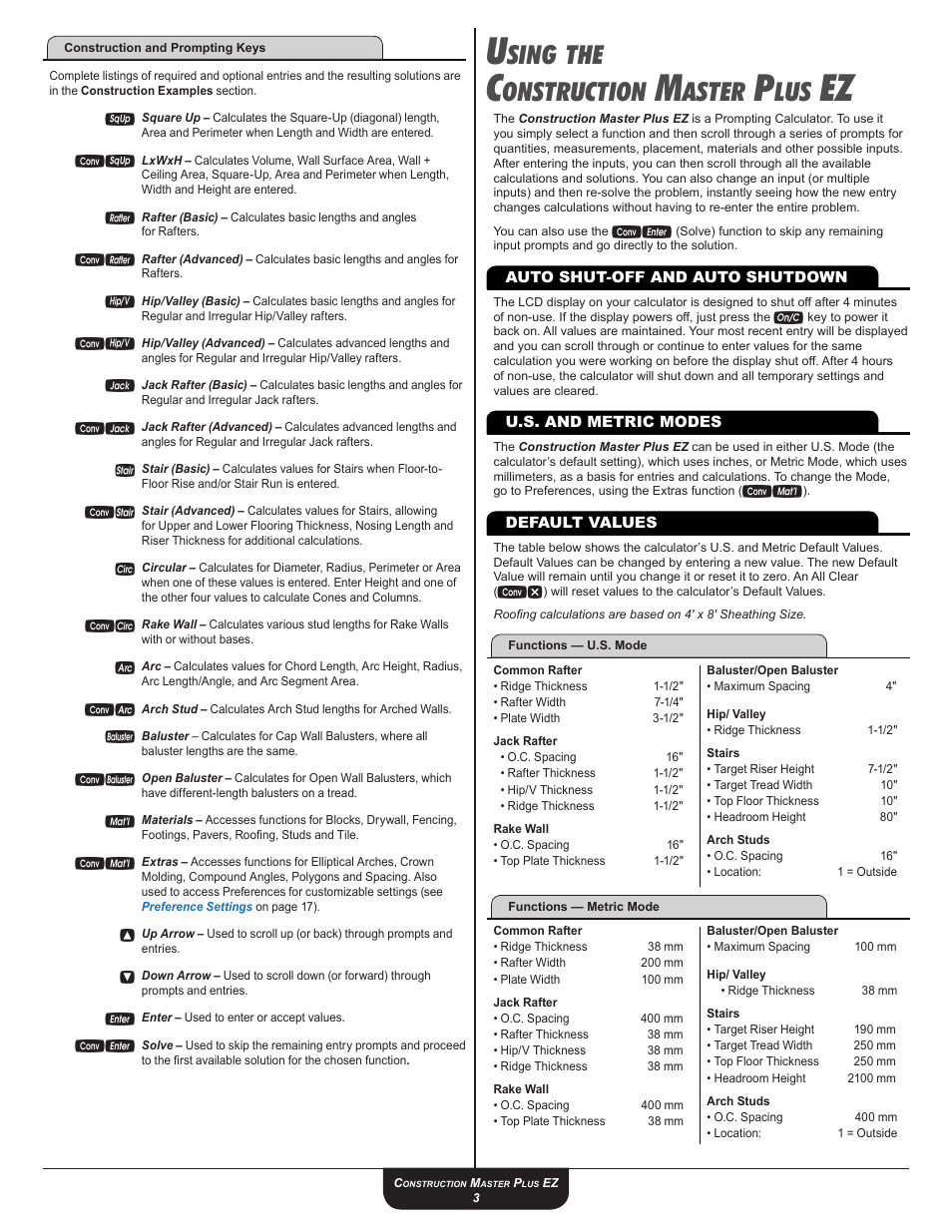 Default values, Sing, Onstruction | Aster | Calculated Industries 4067 User Guide User Manual | Page 3 / 23