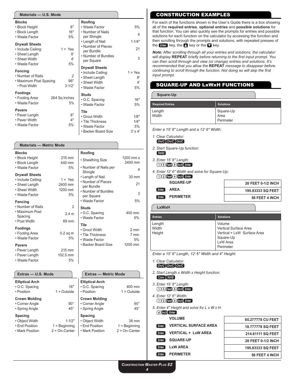 Square-up and lxwxh functions, 15f8ie, 12f6ie | Calculated Industries 4067 User Guide User Manual | Page 4 / 23