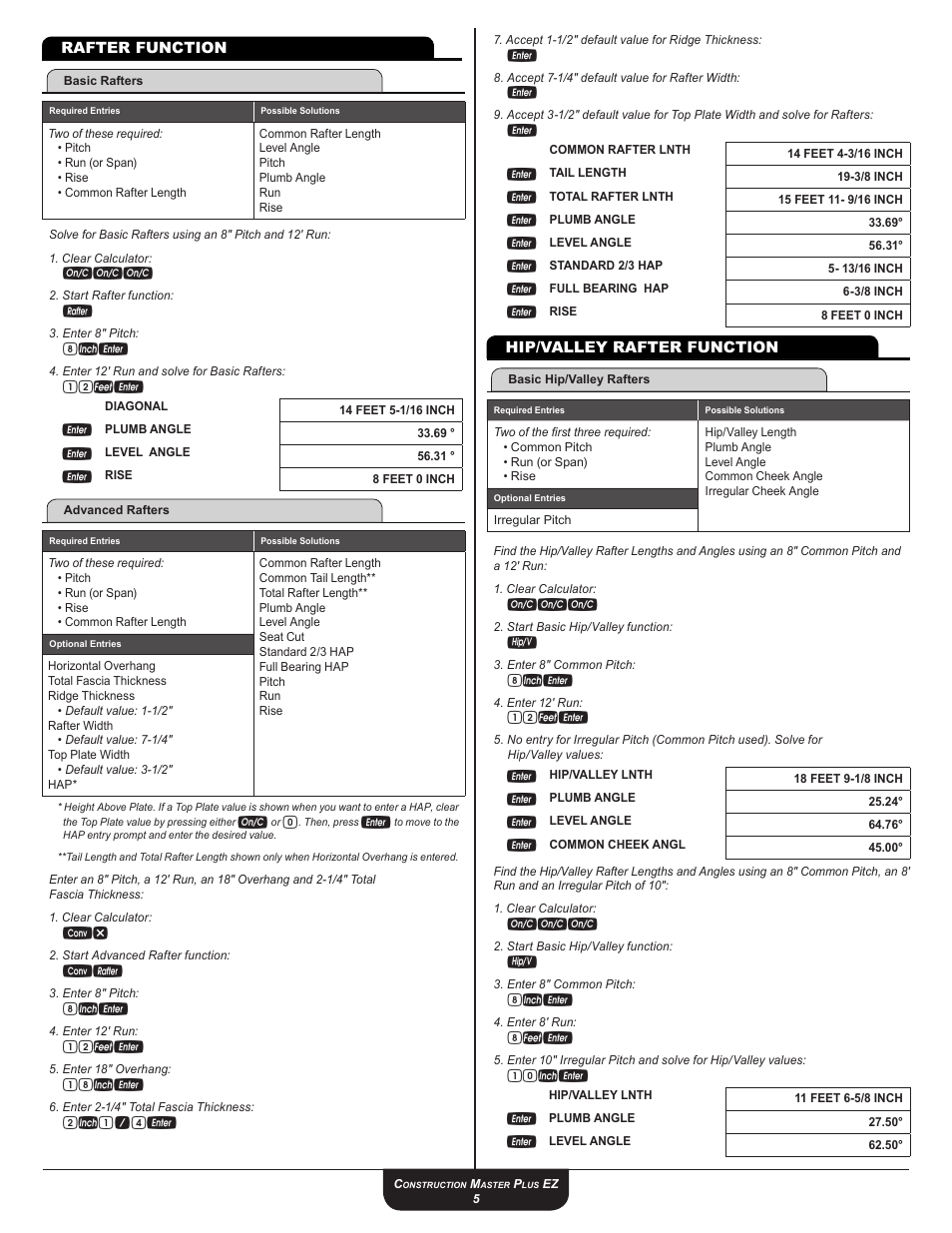 Rafter function, Hip/valley rafter function, 12fe | 18ie, 2i1 / 4e, 10ie | Calculated Industries 4067 User Guide User Manual | Page 5 / 23
