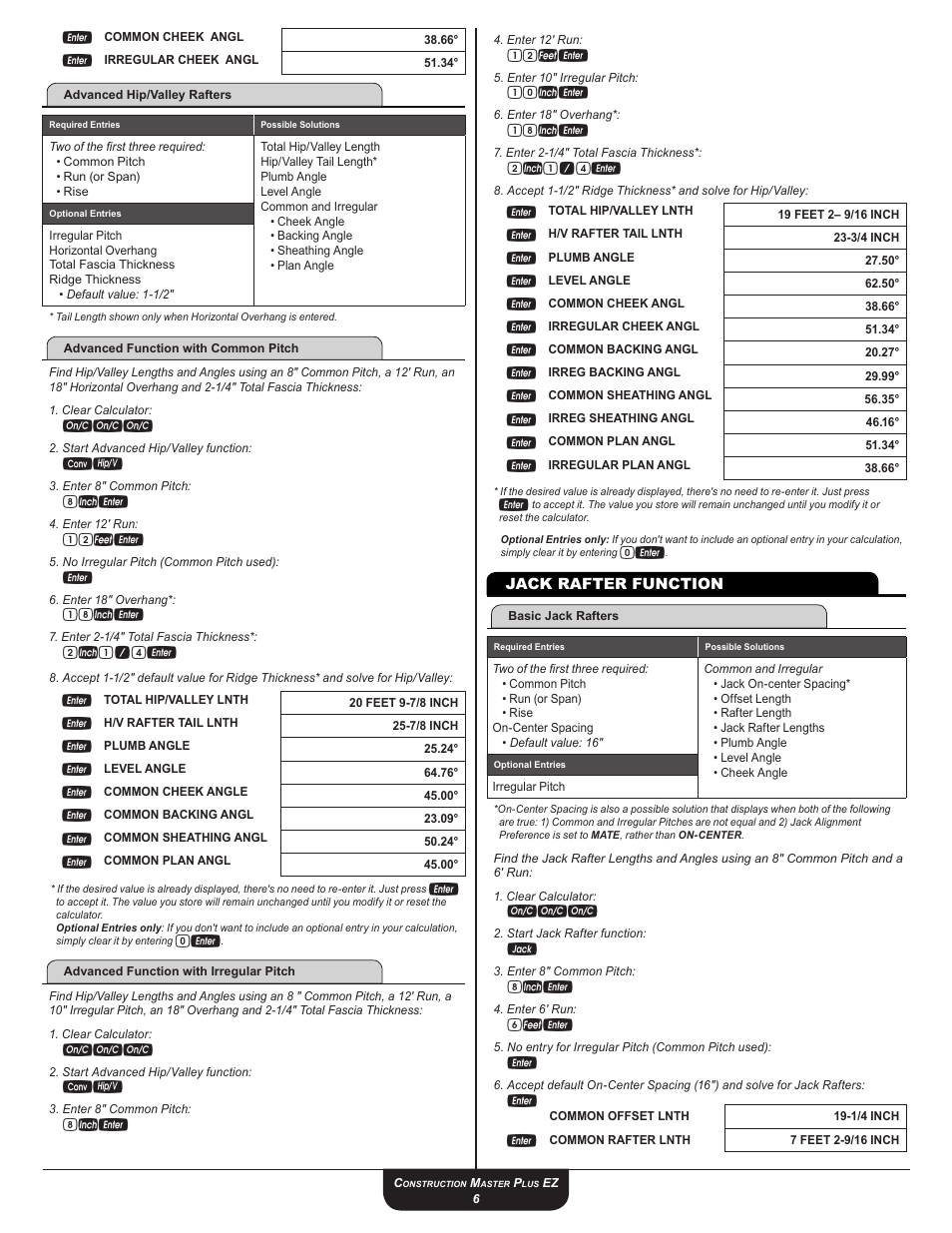 Jack rafter function, 12fe, 18ie | 2i1 / 4e, 10ie | Calculated Industries 4067 User Guide User Manual | Page 6 / 23