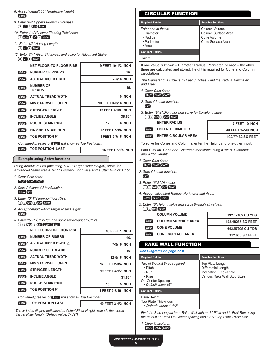 Circular function, Rake wall function, 3 / 4ie | 1i1 / 4e, 1 / 2e, 3 / 4e, 10f1ie, 15f5ice, 15f8ie, 10fe | Calculated Industries 4067 User Guide User Manual | Page 9 / 23