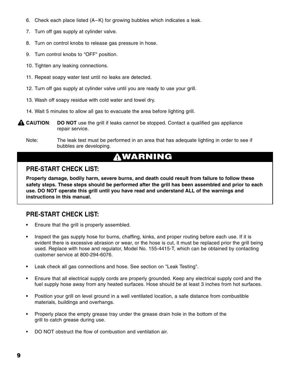 Warning, Pre-start check list | Brinkmann 810-4415-T User Manual | Page 10 / 62