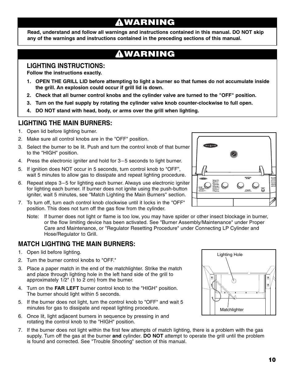Warning, Lighting instructions, Lighting the main burners | Match lighting the main burners | Brinkmann 810-4415-T User Manual | Page 11 / 62
