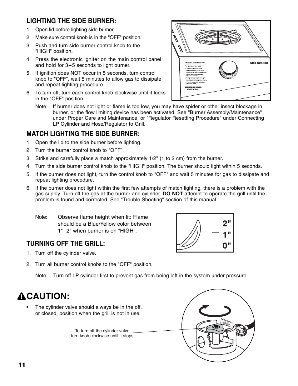 Caution, Lighting the side burner, Match lighting the side burner | Turning off the grill | Brinkmann 810-4415-T User Manual | Page 12 / 62