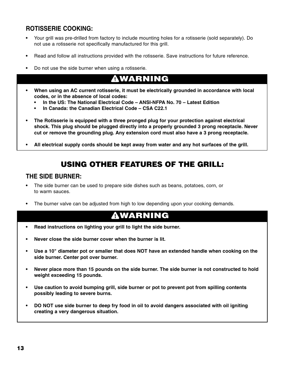 Warning, Using other features of the grill, Rotisserie cooking | The side burner | Brinkmann 810-4415-T User Manual | Page 14 / 62