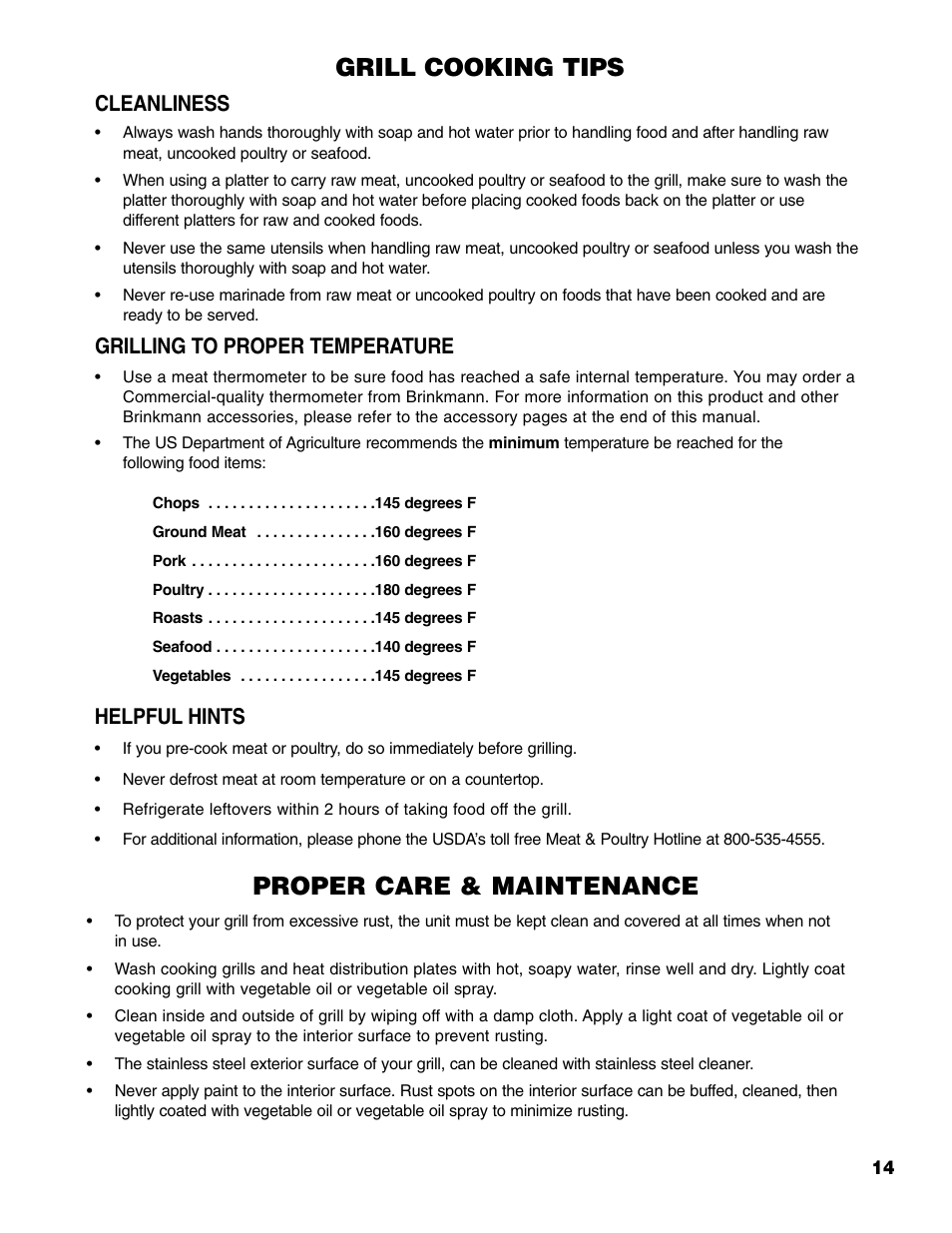 Grill cooking tips, Proper care & maintenance, Cleanliness | Grilling to proper temperature, Helpful hints | Brinkmann 810-4415-T User Manual | Page 15 / 62