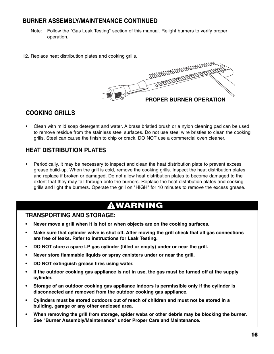Warning, Transporting and storage, Cooking grills | Heat distribution plates, Burner assembly/maintenance continued | Brinkmann 810-4415-T User Manual | Page 17 / 62