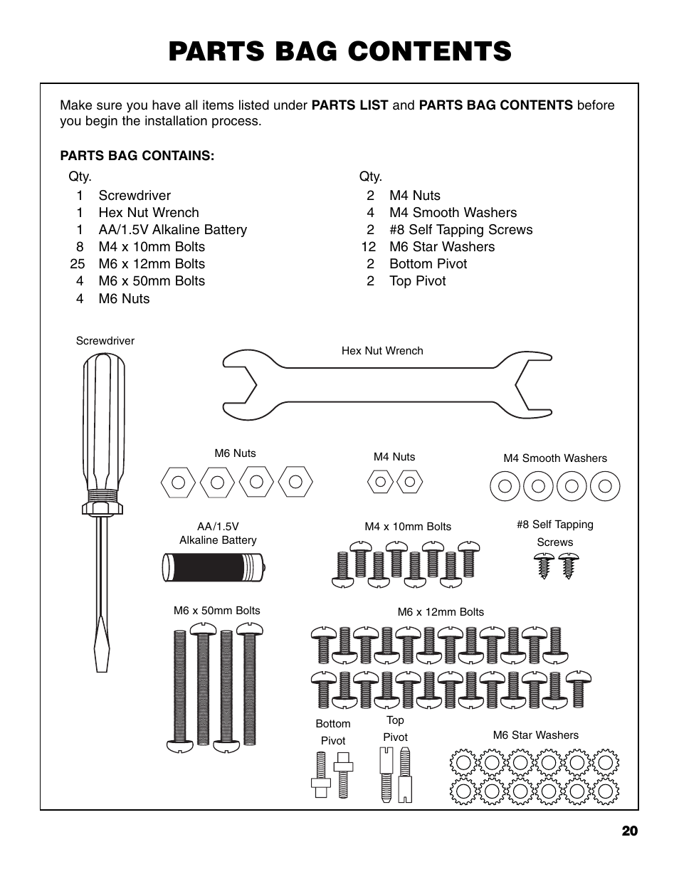 Parts bag contents | Brinkmann 810-4415-T User Manual | Page 21 / 62