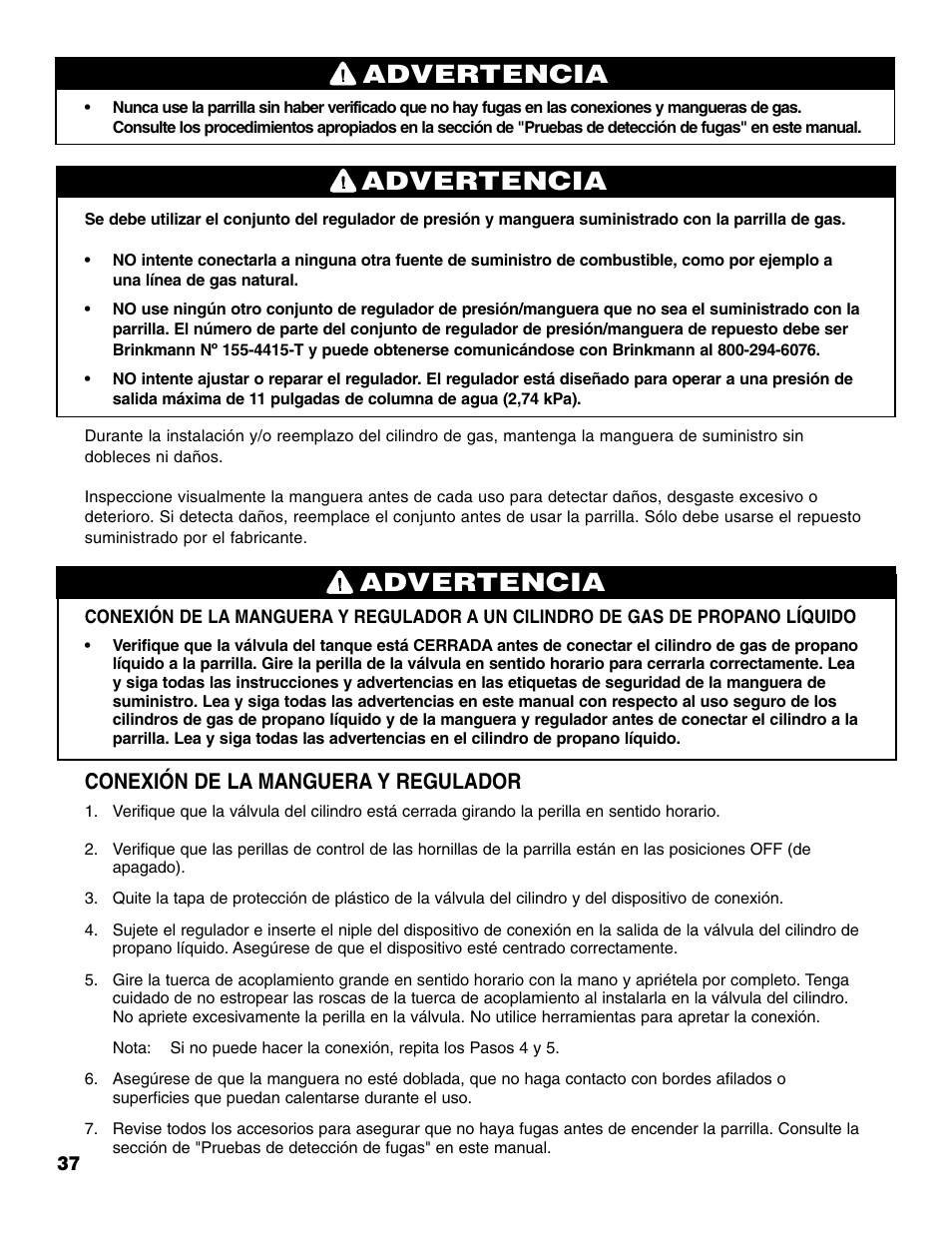 Advertencia, Conexión de la manguera y regulador | Brinkmann 810-4415-T User Manual | Page 38 / 62