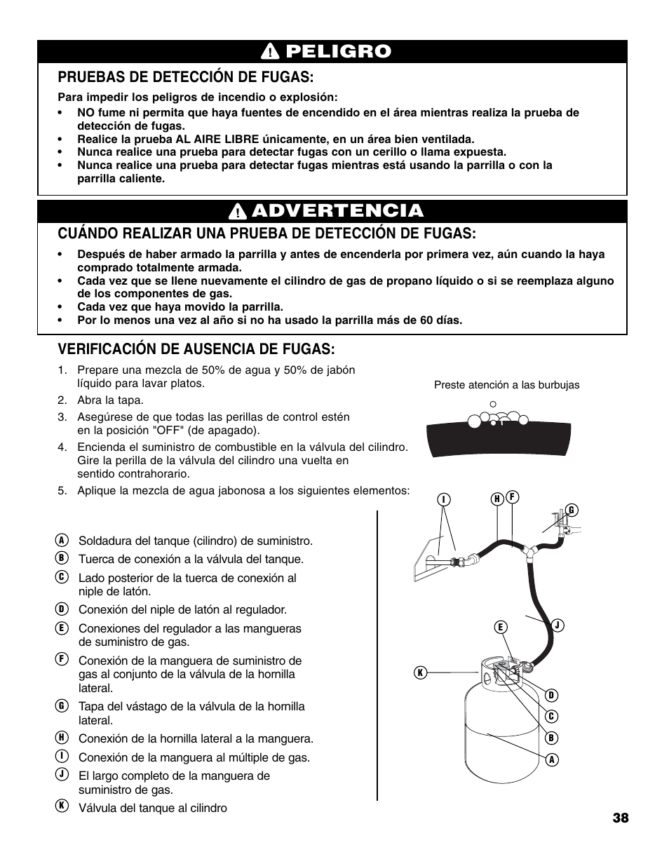 Advertencia peligro, Pruebas de detección de fugas, Cuándo realizar una prueba de detección de fugas | Verificación de ausencia de fugas | Brinkmann 810-4415-T User Manual | Page 39 / 62