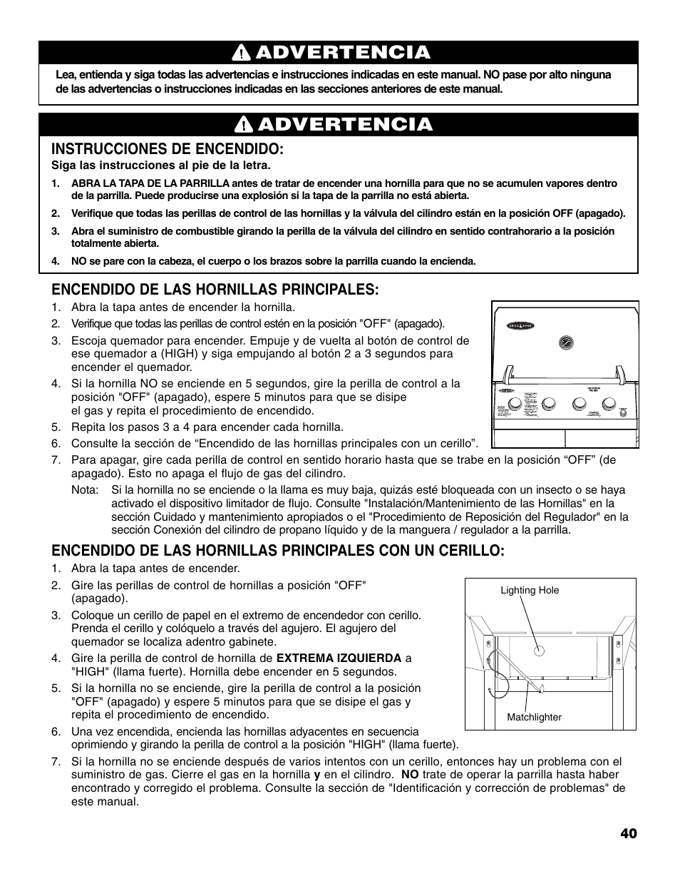 Advertencia, Instrucciones de encendido, Encendido de las hornillas principales | Brinkmann 810-4415-T User Manual | Page 41 / 62