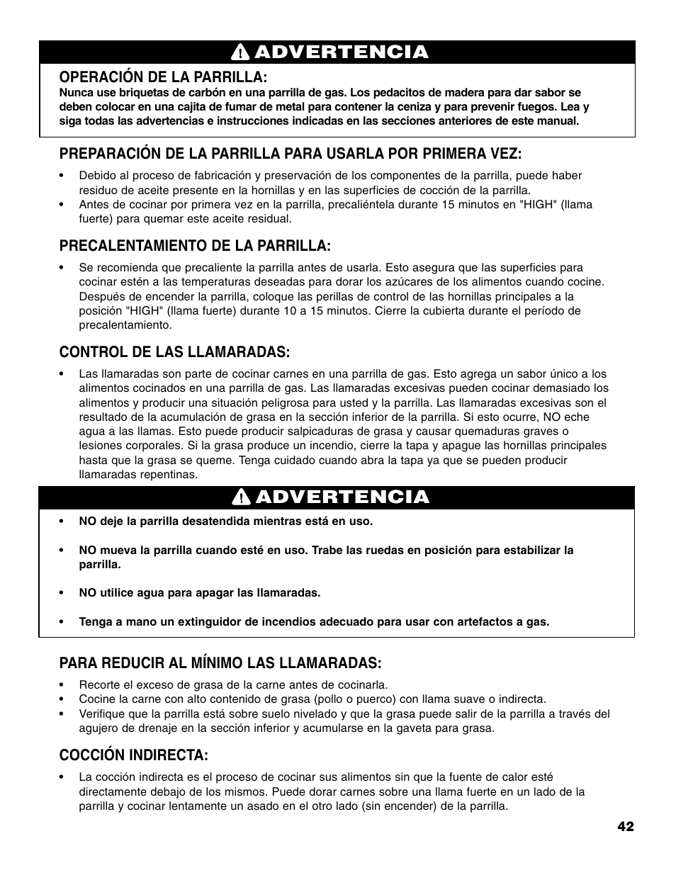 Advertencia, Operación de la parrilla, Precalentamiento de la parrilla | Control de las llamaradas, Para reducir al mínimo las llamaradas, Cocción indirecta | Brinkmann 810-4415-T User Manual | Page 43 / 62