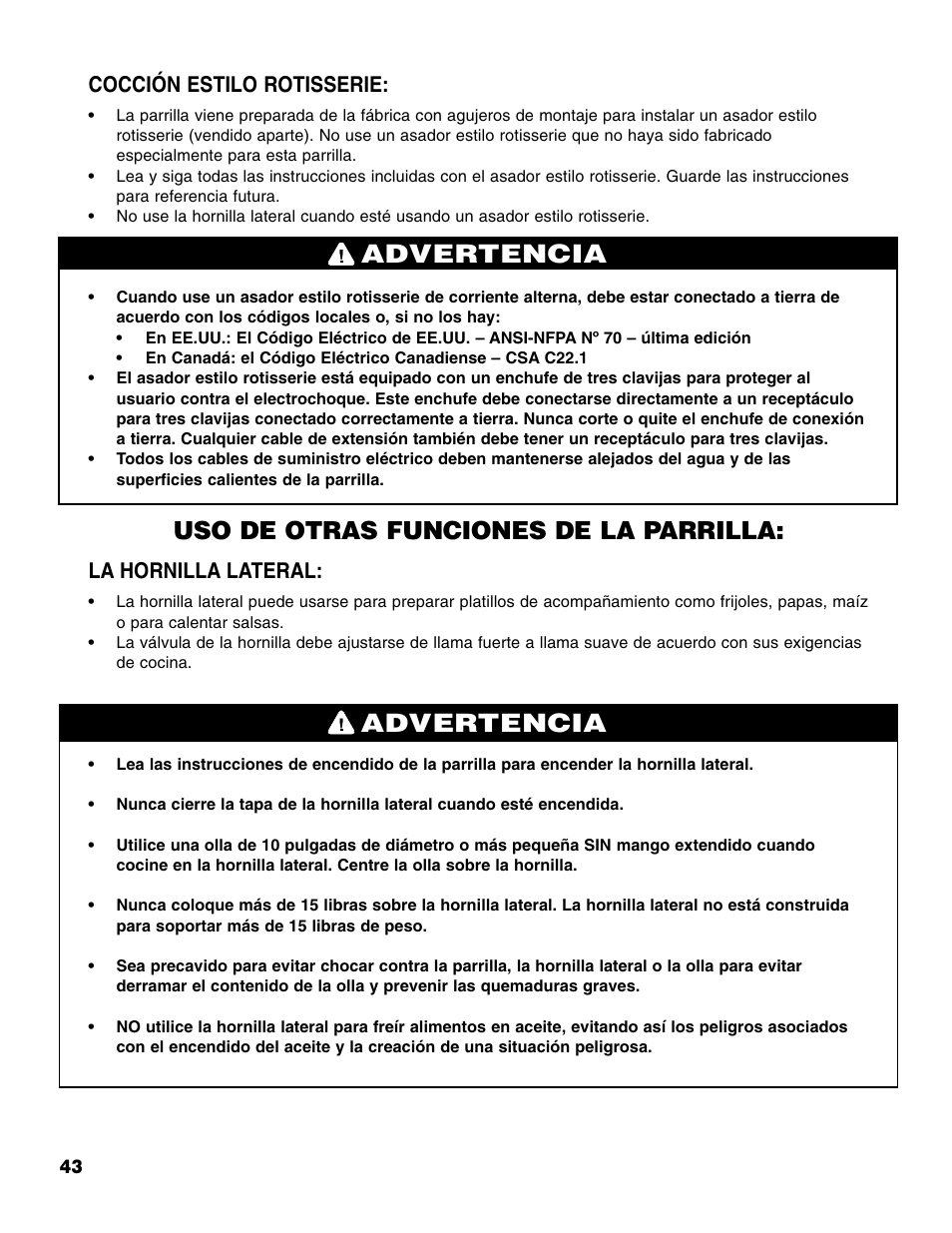 Advertencia, Uso de otras funciones de la parrilla, Cocción estilo rotisserie | La hornilla lateral | Brinkmann 810-4415-T User Manual | Page 44 / 62