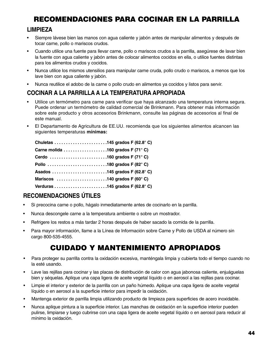 Recomendaciones para cocinar en la parrilla, Cuidado y mantenimiento apropiados, Limpieza | Cocinar a la parrilla a la temperatura apropiada, Recomendaciones útiles | Brinkmann 810-4415-T User Manual | Page 45 / 62