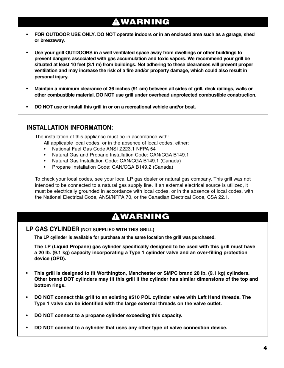 Warning, Installation information, Lp gas cylinder | Brinkmann 810-4415-T User Manual | Page 5 / 62