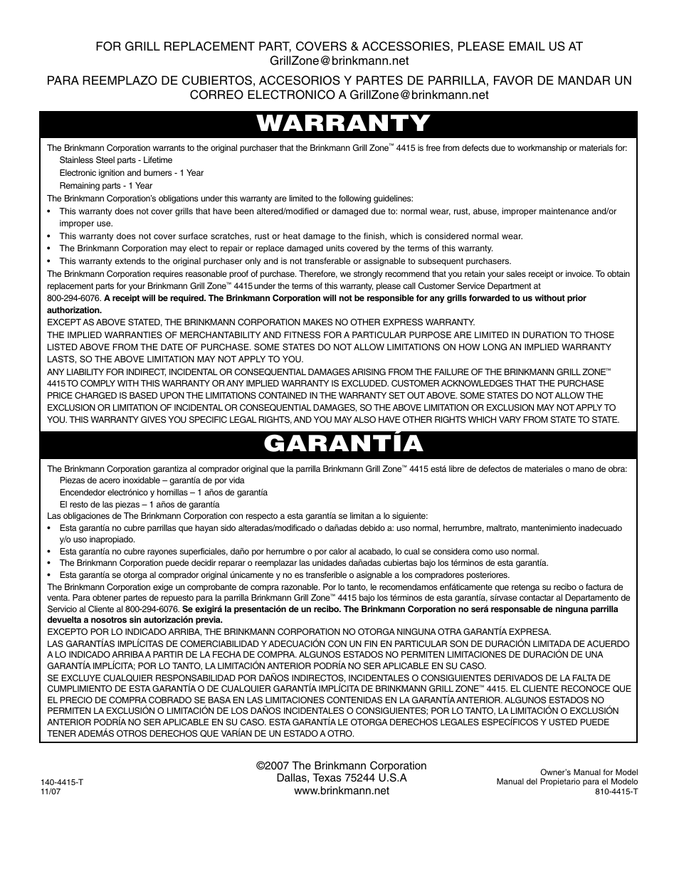 Warranty garantía | Brinkmann 810-4415-T User Manual | Page 62 / 62