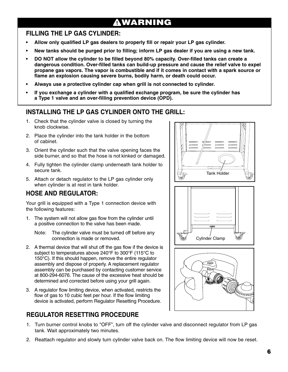 Warning, Filling the lp gas cylinder, Installing the lp gas cylinder onto the grill | Hose and regulator, Regulator resetting procedure | Brinkmann 810-4415-T User Manual | Page 7 / 62