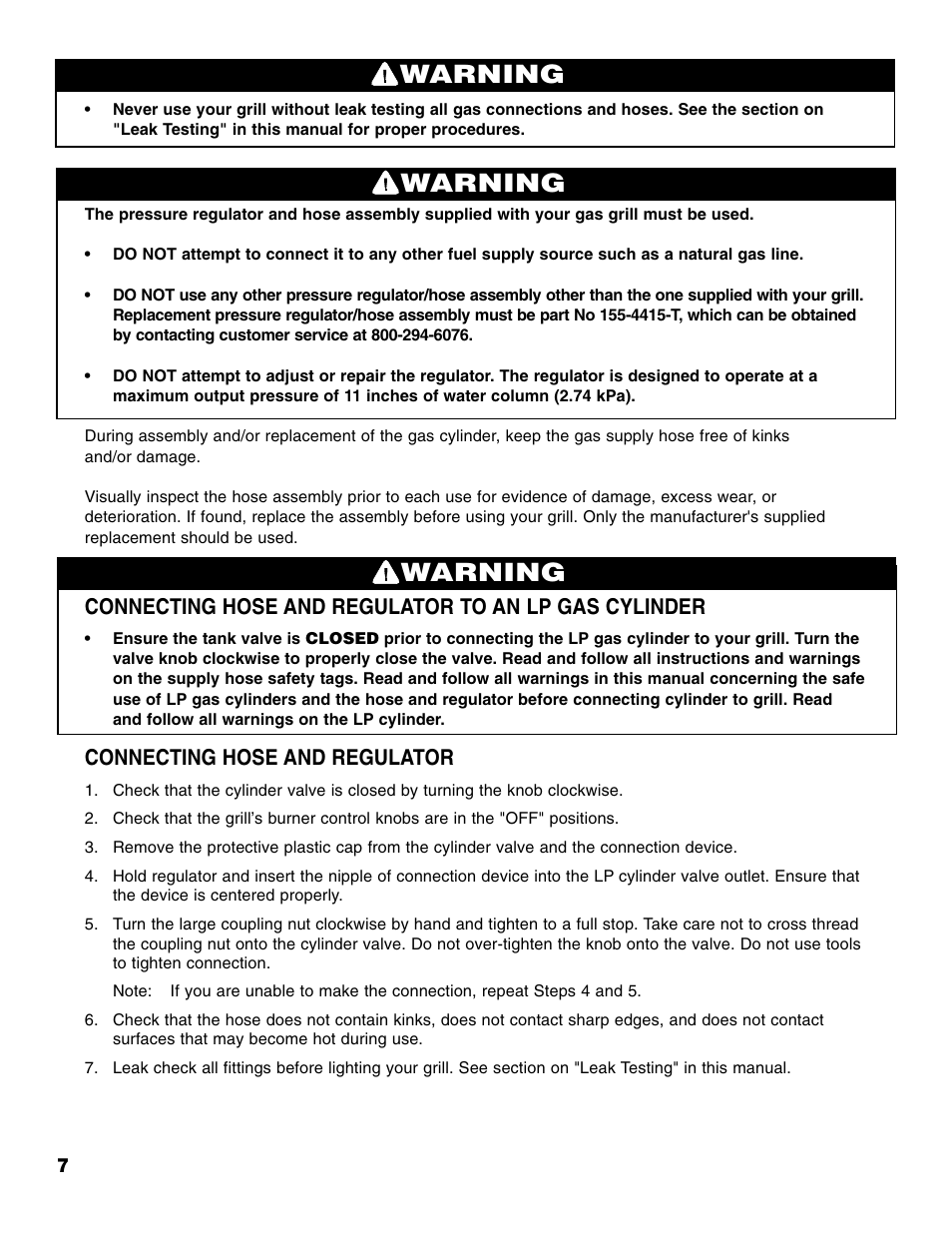 Warning, Connecting hose and regulator | Brinkmann 810-4415-T User Manual | Page 8 / 62