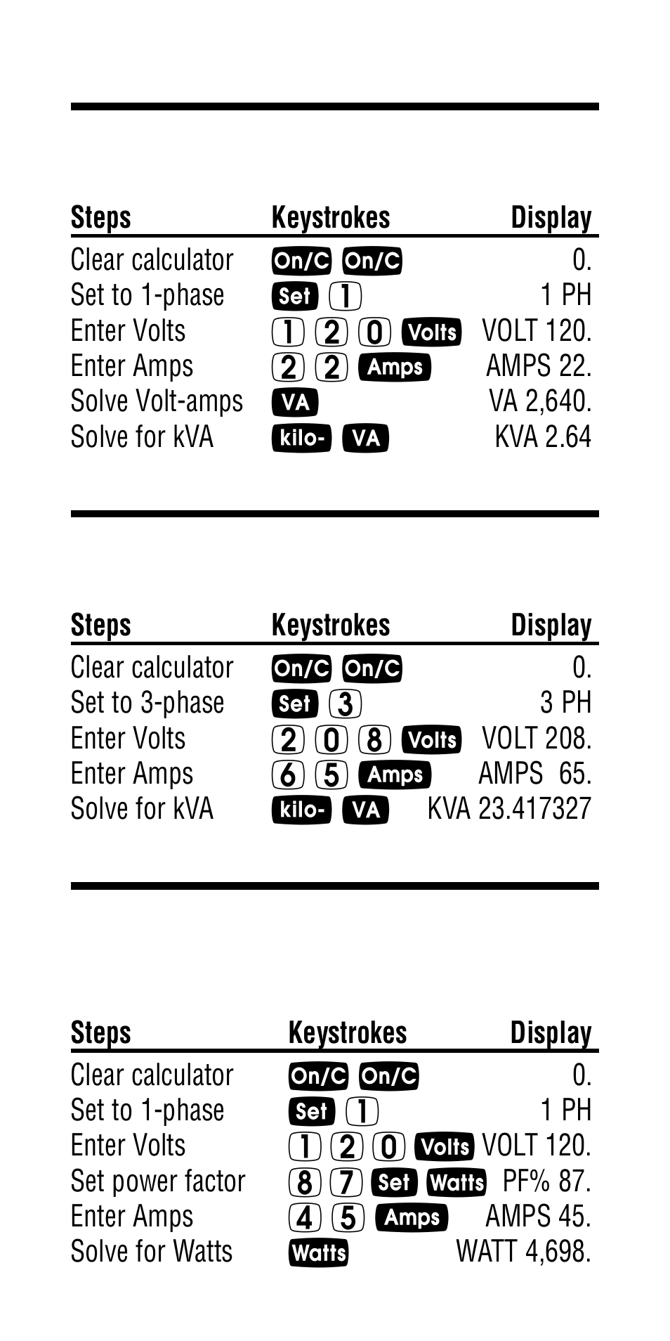 Finding volt-amps, Finding kva rating, Finding wattage | Calculated Industries 5065 User Manual | Page 33 / 71