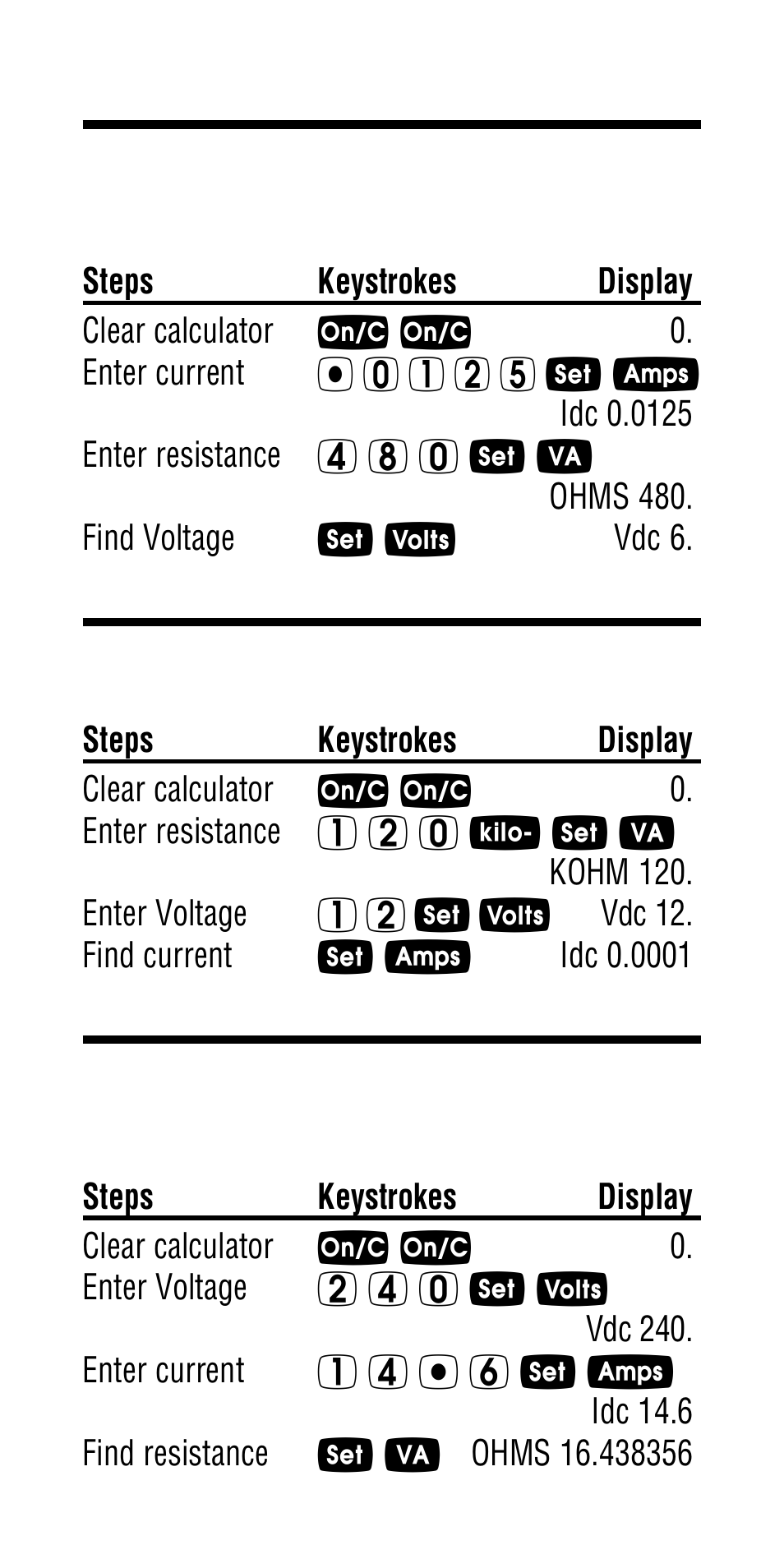 Finding volts, Finding amps, Finding ohms | Calculated Industries 5065 User Manual | Page 35 / 71
