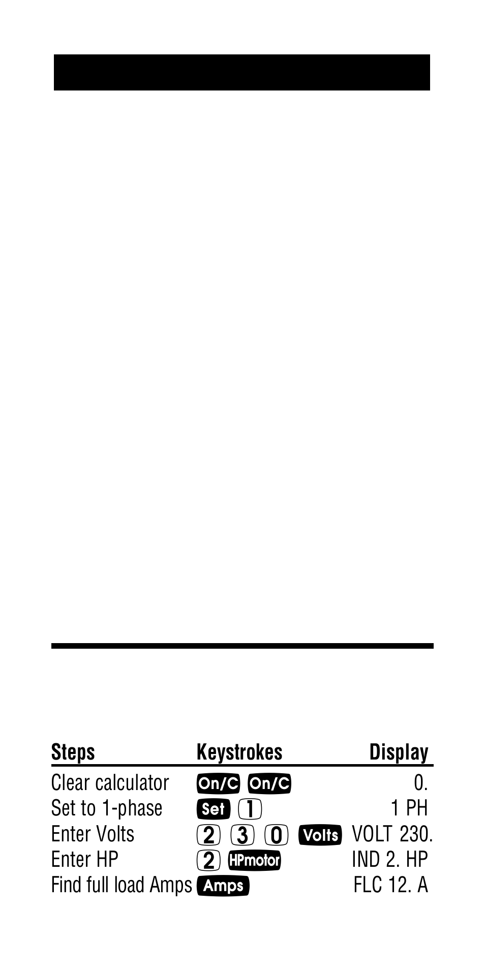 Motor horsepower, Finding single-phase full load current | Calculated Industries 5065 User Manual | Page 36 / 71