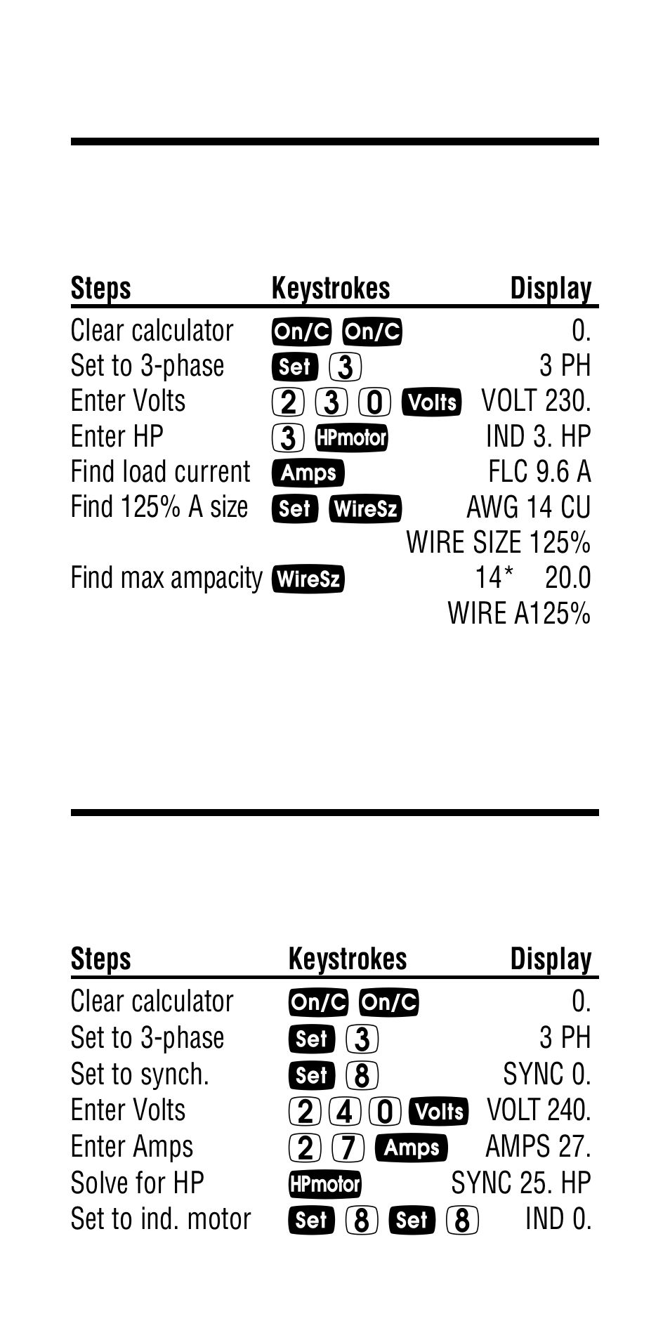 Finding motor wire size and ampacity, Finding synchronous motor horsepower | Calculated Industries 5065 User Manual | Page 37 / 71