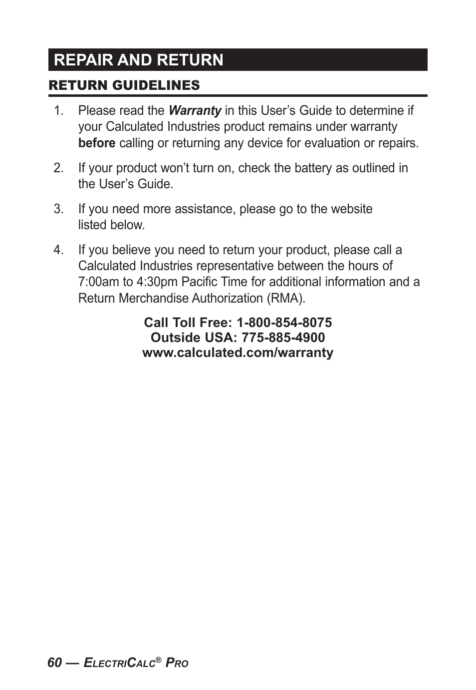 Repair and return | Calculated Industries 5070-A User Guide User Manual | Page 61 / 66