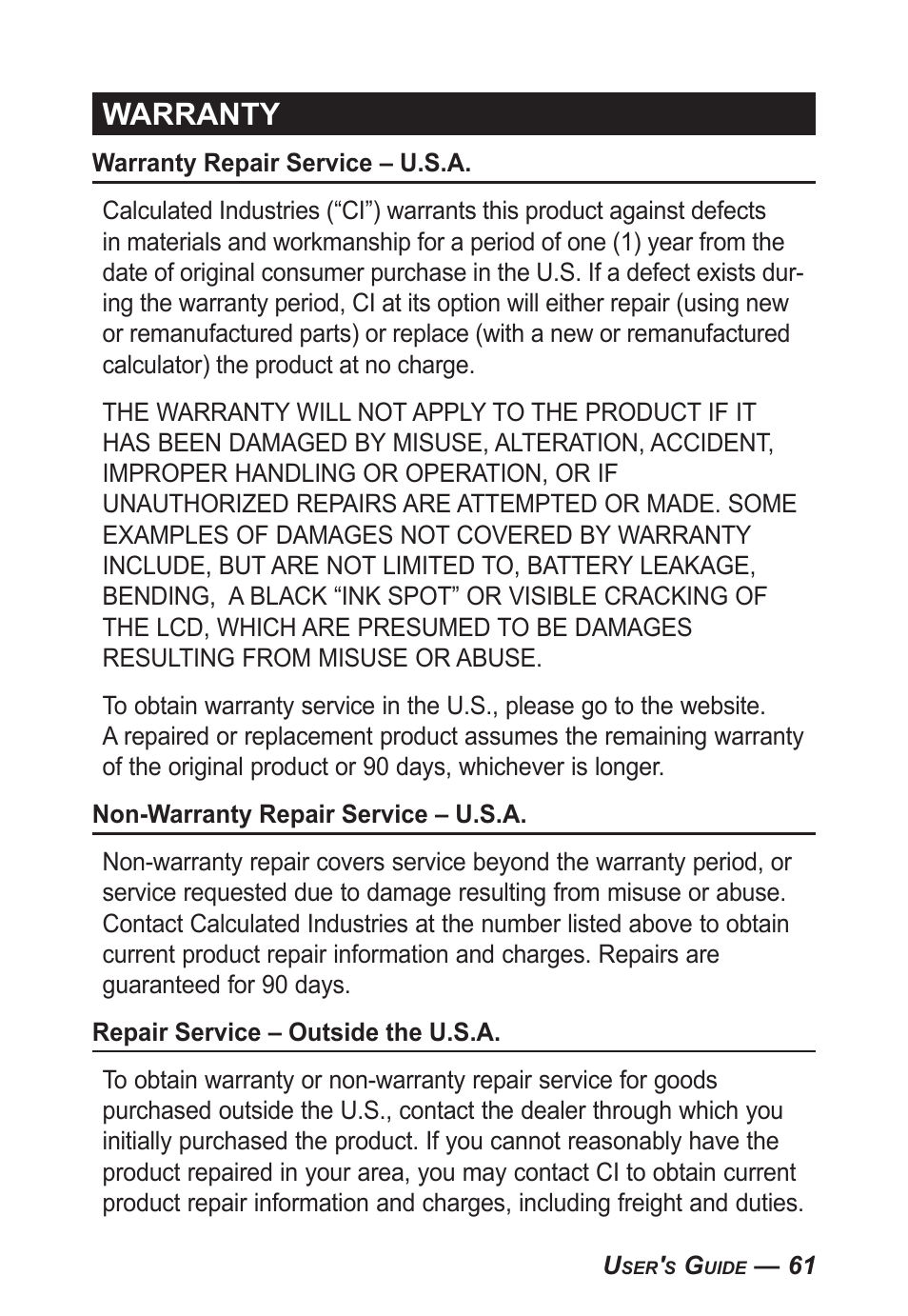 Warranty | Calculated Industries 5070-A User Guide User Manual | Page 62 / 66