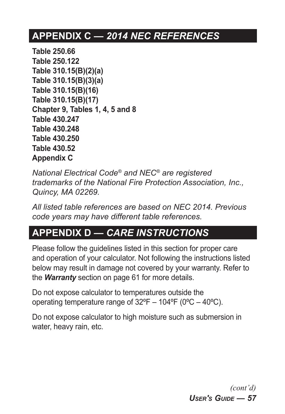 Appendix c — 2014 nec references, Appendix d — care instructions | Calculated Industries 5070-B User Guide User Manual | Page 58 / 66
