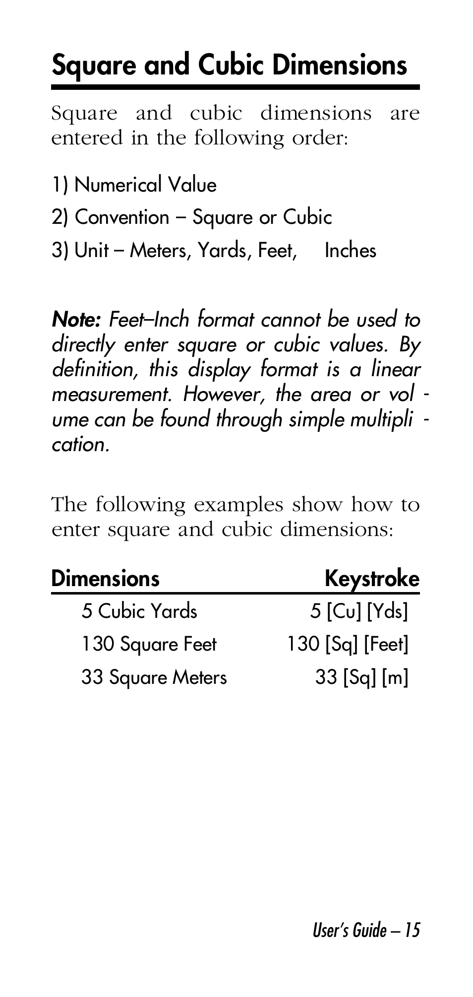 Square and cubic dimensions | Calculated Industries 4315 User Manual | Page 15 / 56