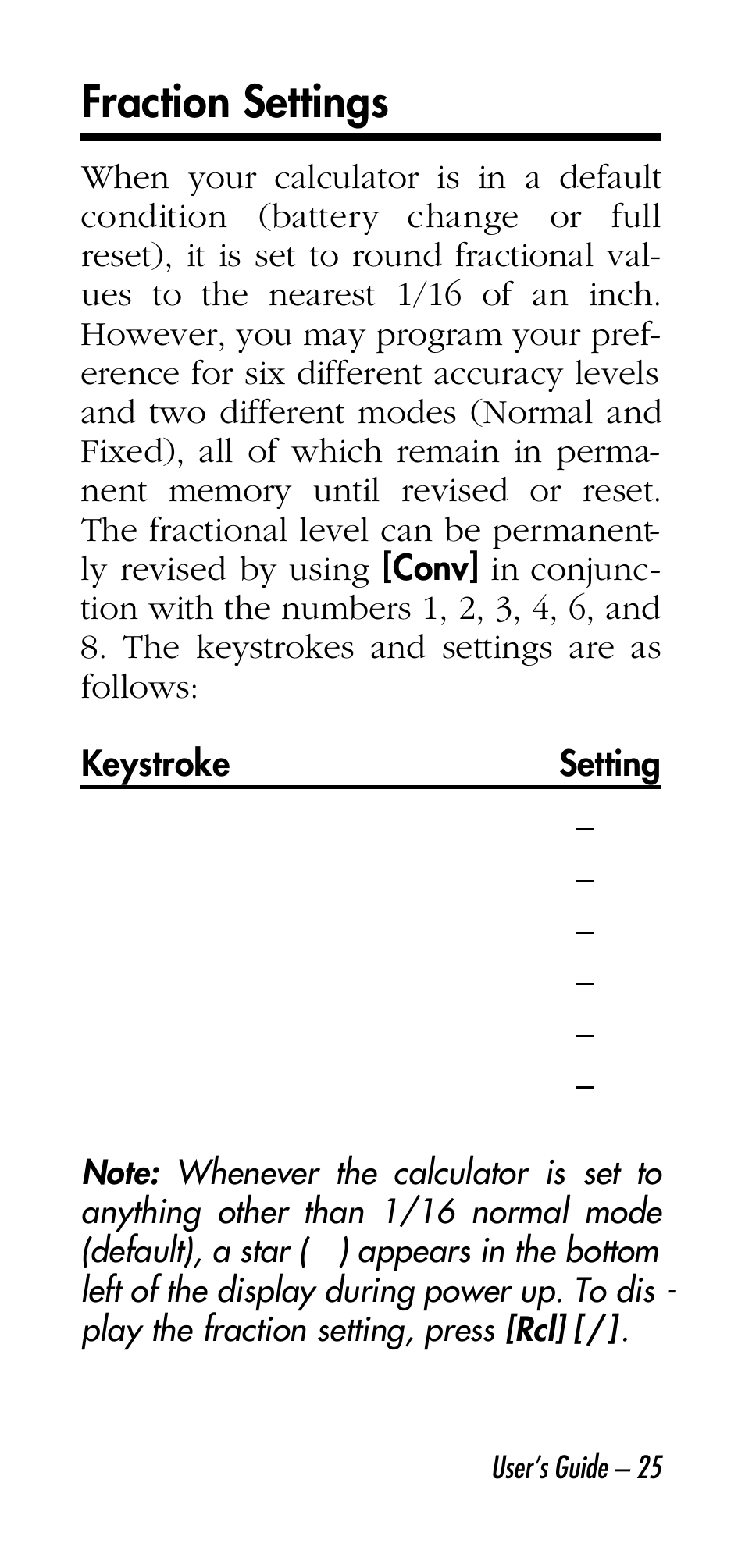 Fraction settings | Calculated Industries 4315 User Manual | Page 25 / 56