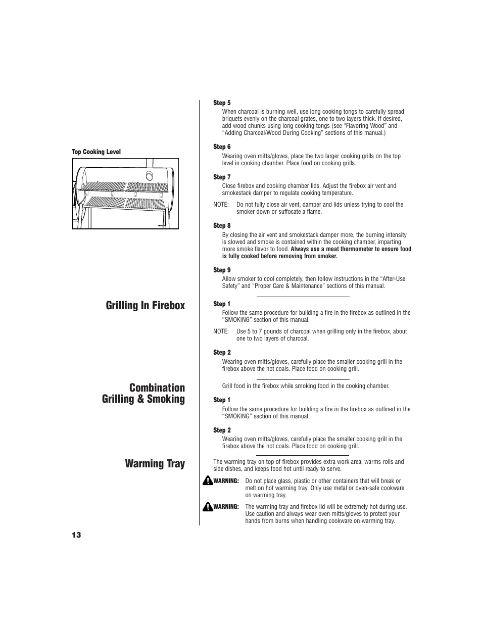 Combination grilling & smoking grilling in firebox, Warming tray | Brinkmann SMOKE 'N PIT User Manual | Page 14 / 20