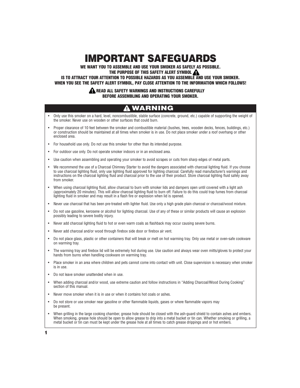 Important safeguards, Warning | Brinkmann SMOKE 'N PIT User Manual | Page 2 / 20