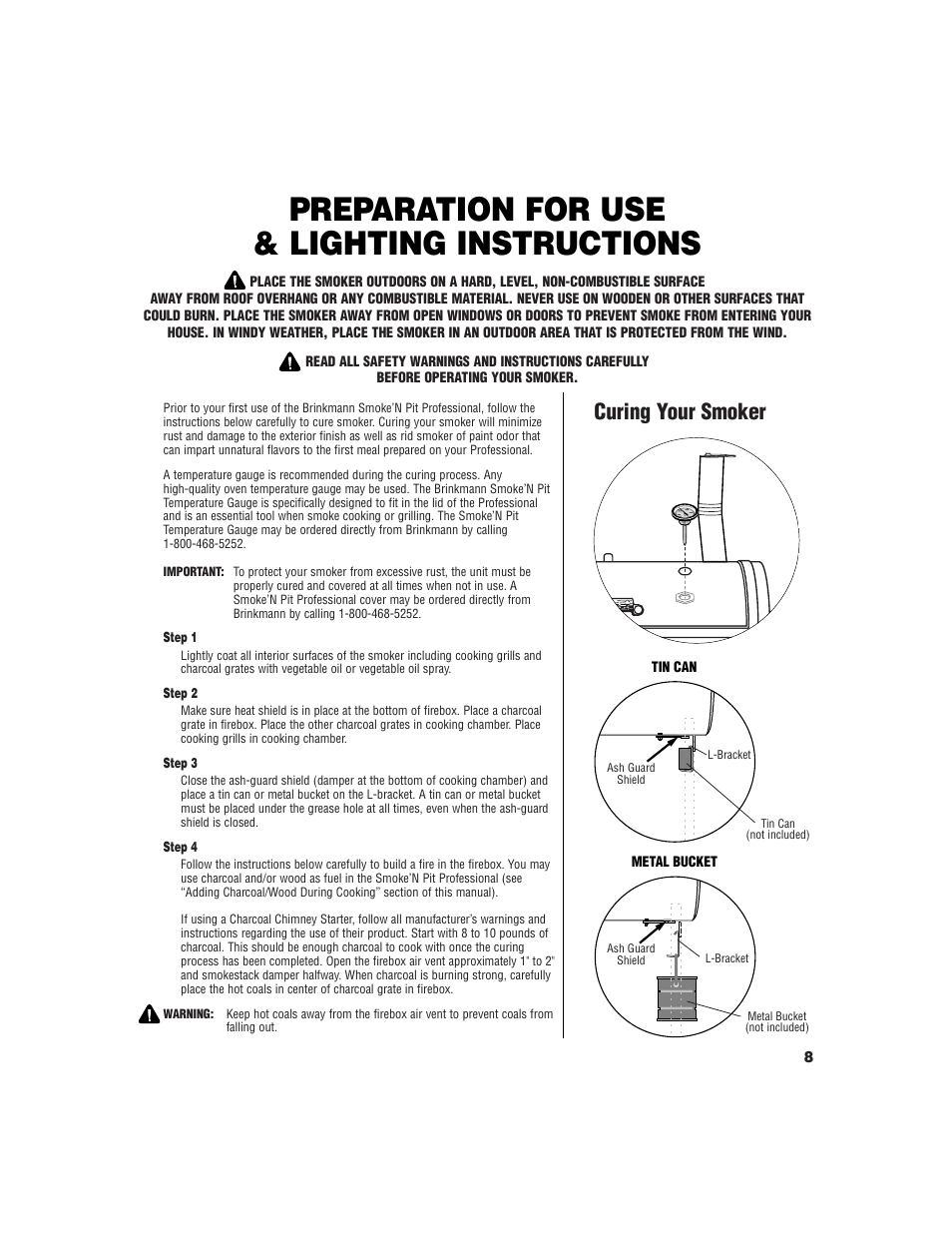 Preparation for use & lighting instructions, Curing your smoker | Brinkmann SMOKE 'N PIT User Manual | Page 9 / 20