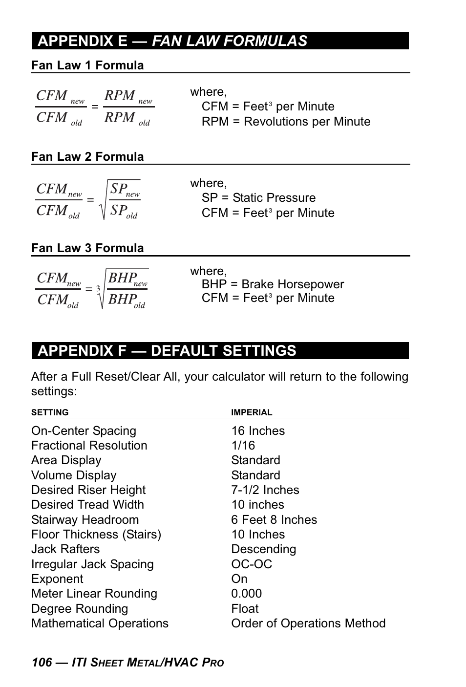 Appendix f — default settings, Appendix e — fan law formulas | Calculated Industries 4090 User Manual | Page 107 / 123