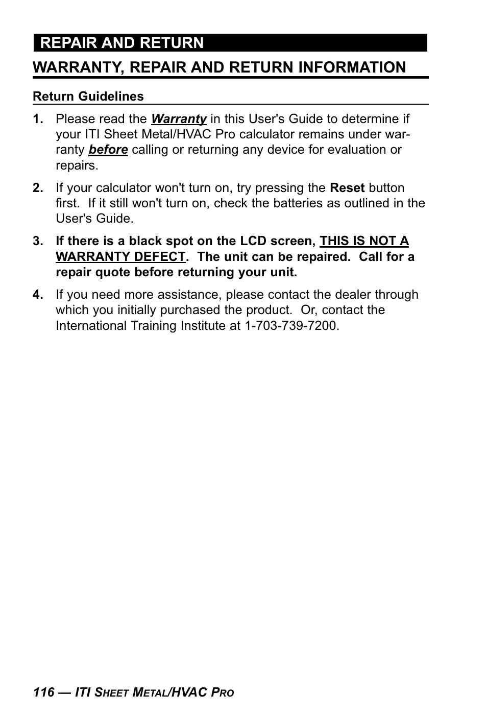 Warranty, repair and return information, Repair and return | Calculated Industries 4090 User Manual | Page 117 / 123