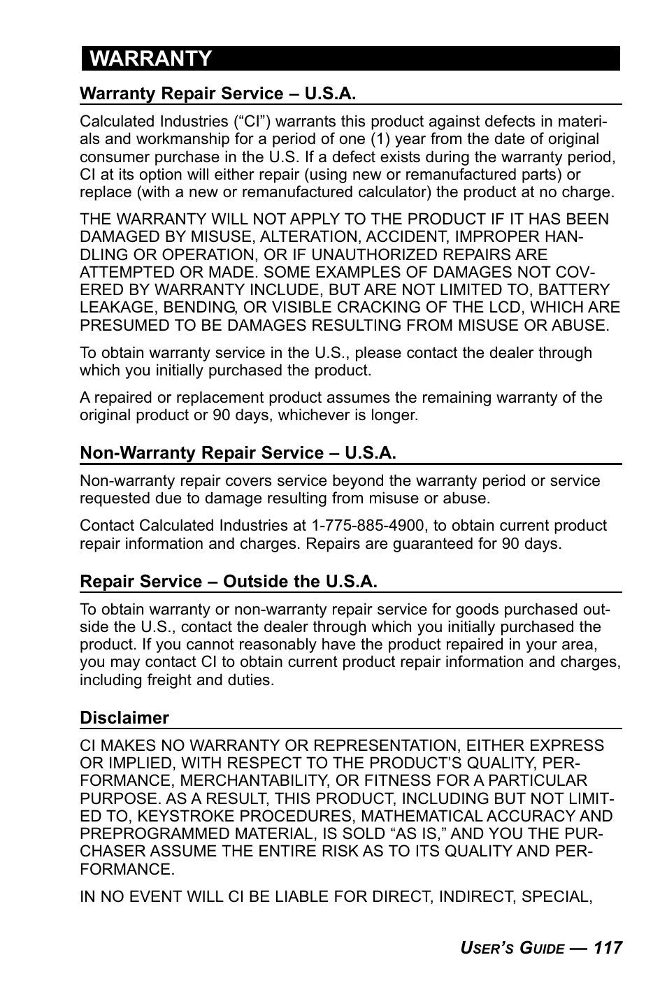 Warranty | Calculated Industries 4090 User Manual | Page 118 / 123