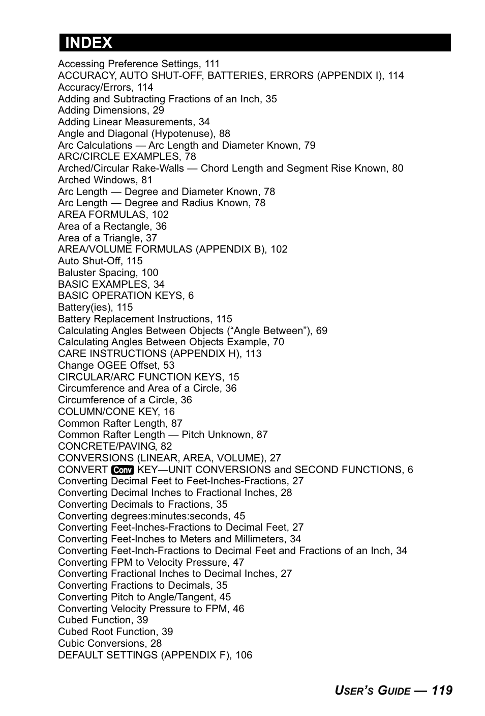 Index | Calculated Industries 4090 User Manual | Page 120 / 123