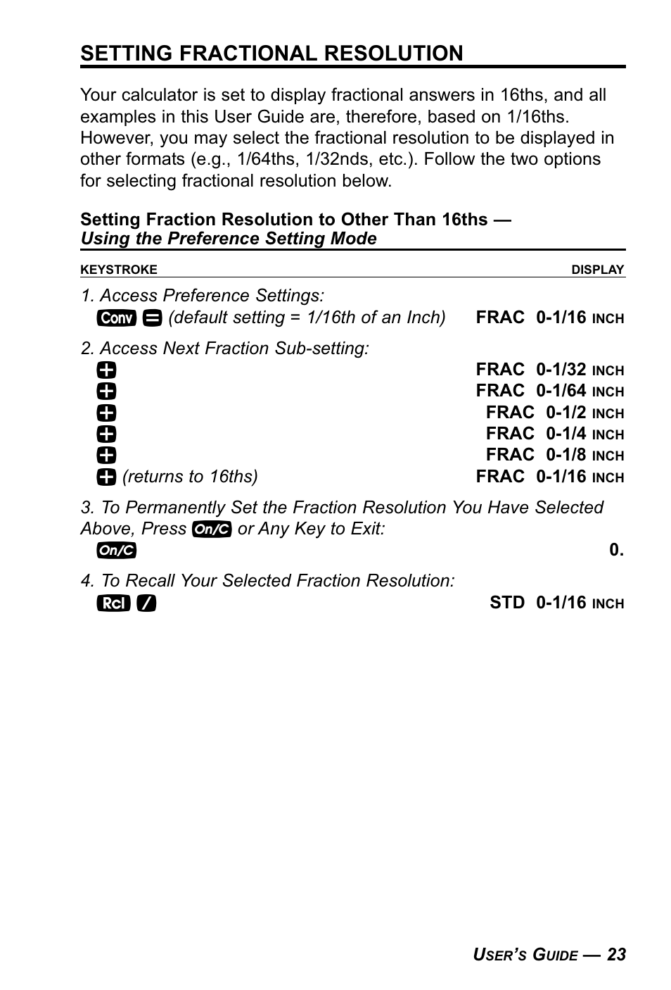 Setting fractional resolution | Calculated Industries 4090 User Manual | Page 24 / 123