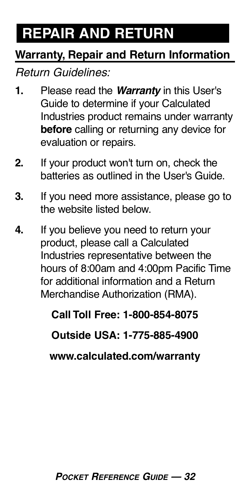 Repair and return | Calculated Industries 4019 User Manual | Page 36 / 40