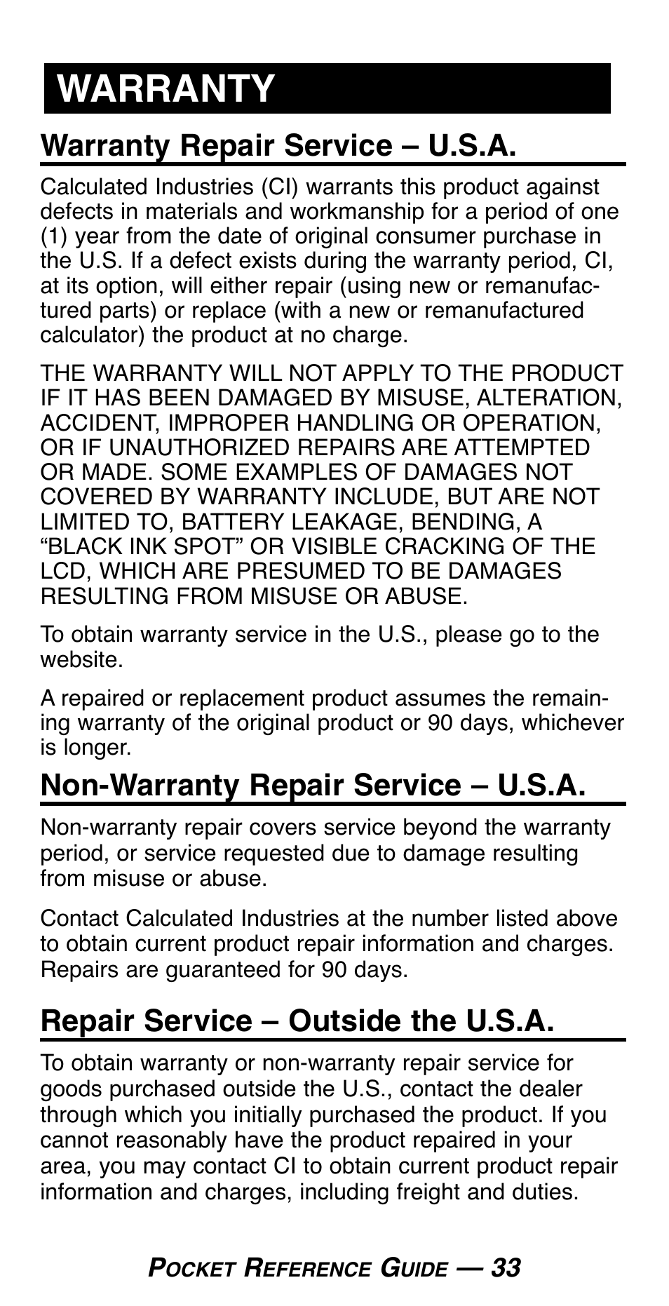 Warranty, Warranty repair service – u.s.a, Non-warranty repair service – u.s.a | Repair service – outside the u.s.a | Calculated Industries 4019 User Manual | Page 37 / 40