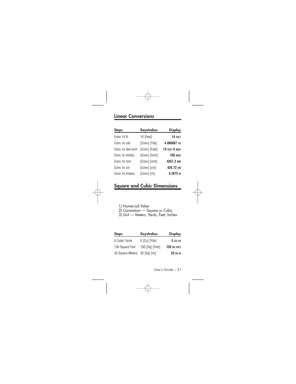 Linear conversions, Square and cubic dimensions | Calculated Industries 4015 User Manual | Page 21 / 84