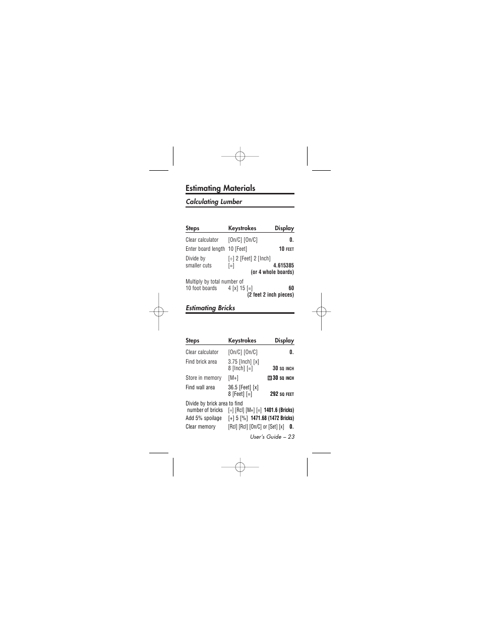 Estimating materials | Calculated Industries 4015 User Manual | Page 23 / 84