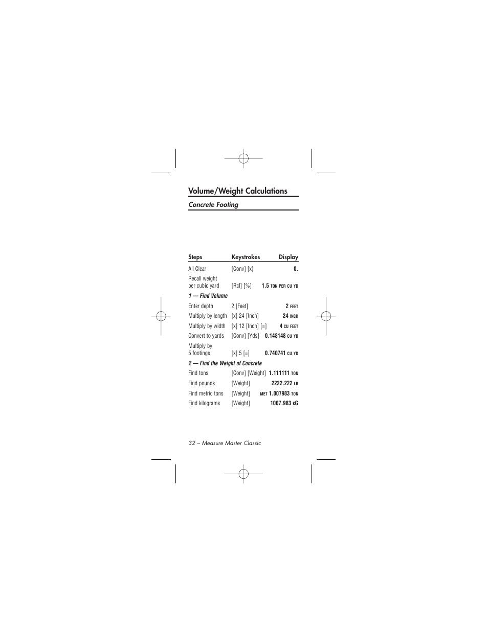 Volume/weight calculations | Calculated Industries 4015 User Manual | Page 32 / 84